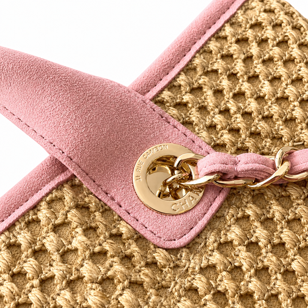 CHANEL Deauville Shopping Tote – Natural Raffia Pink Leather Trim Gold Hardware 38cm