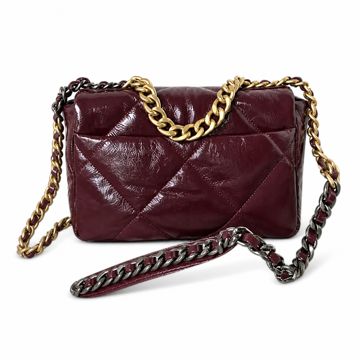 Chanel 19 Large Flap Bag Burgundy Crinkled Patent Leather Mixed Metal Chain CC Turn-Lock 26cm