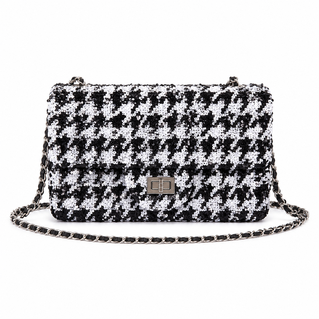 Chanel Black White Sequin Classic Flap Bag Silver CC Chain Crossbody