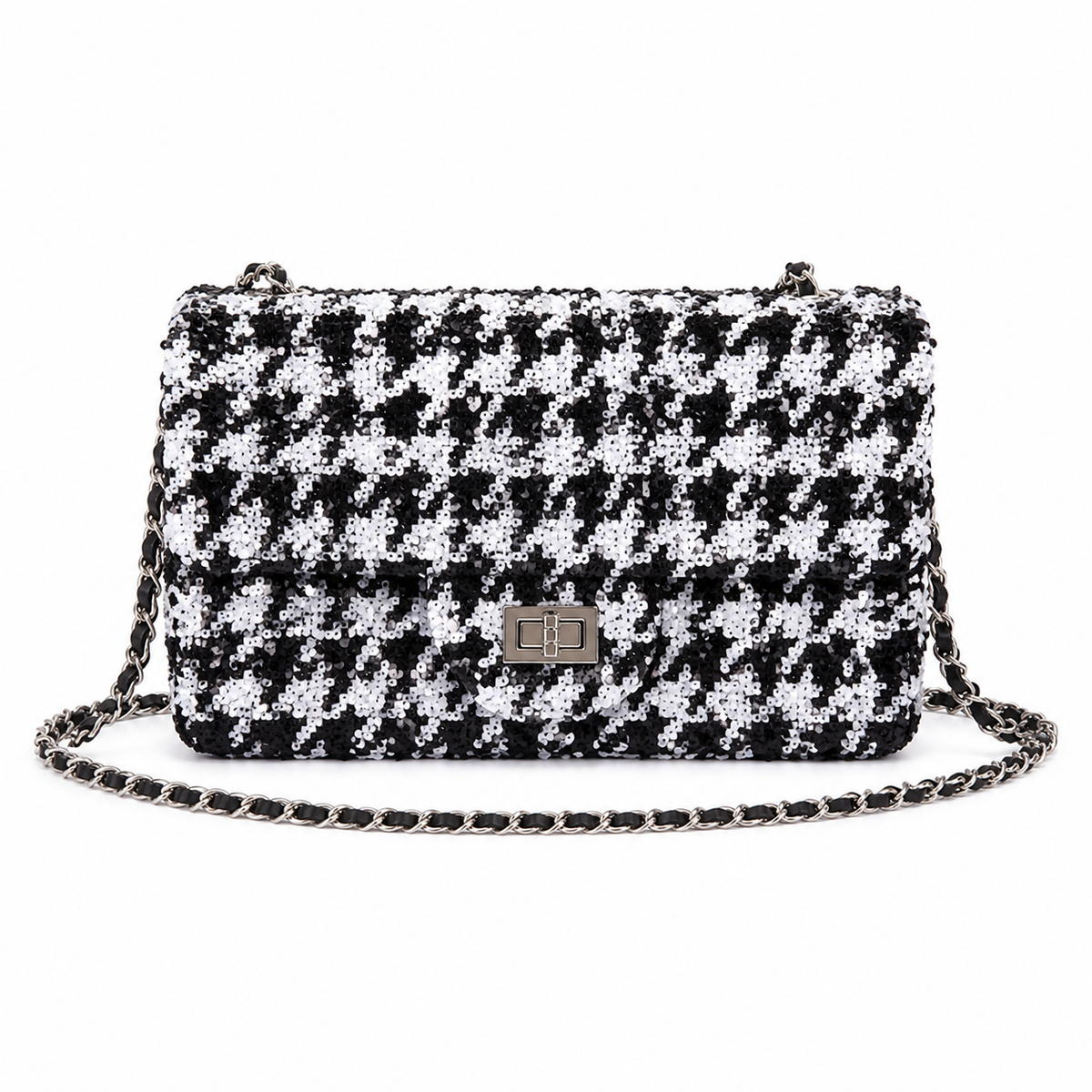 Chanel Black White Sequin Classic Flap Bag Silver CC Chain Crossbody