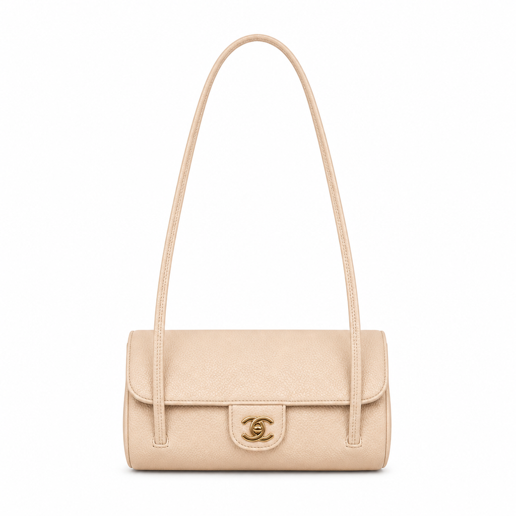 Chanel Beige Caviar Cylindrical Shoulder Bag | Twin Flat Strap — 20cm