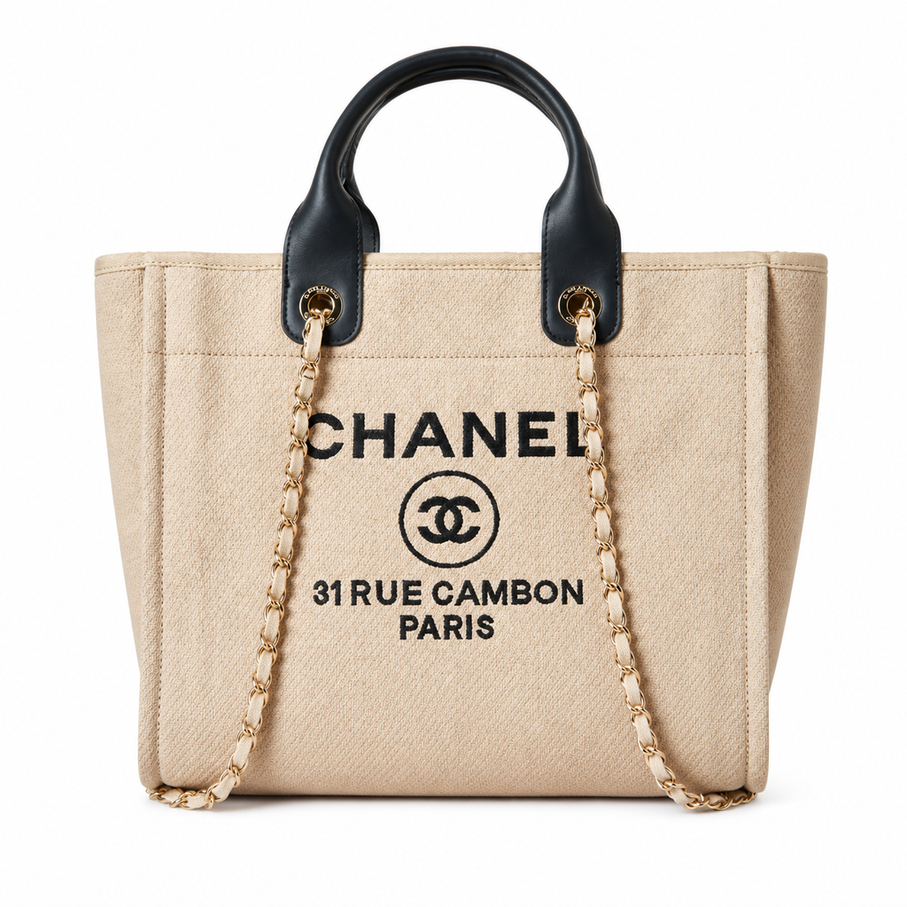 Chanel Deauville Tote Large Beige Canvas Black Leather Handles Gold Chain Shoulder Bag 39cm