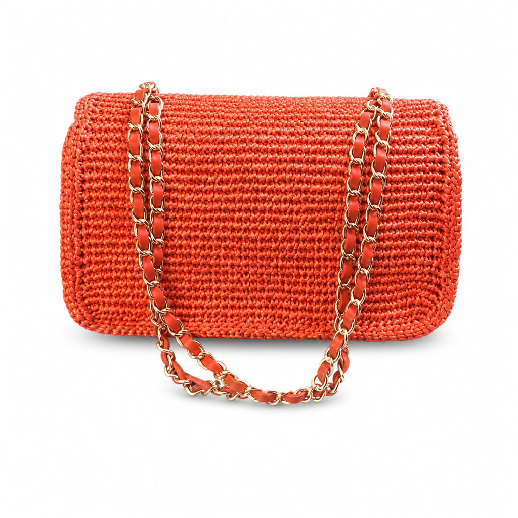 Chanel Orange Raffia Woven Classic Flap Shoulder Bag | Gold CC Turn-Lock | Chain Strap | 16×25.5×7cm