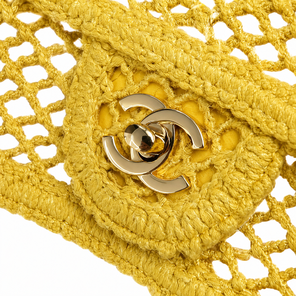 CHANEL Sunshine Yellow Crochet Open Mesh Flap Bag Gold Chain