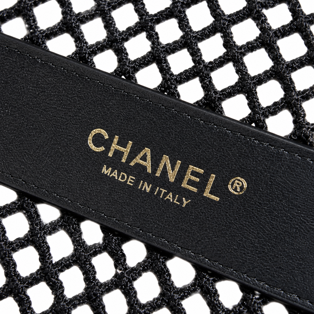 CHANEL Black Open Mesh Crochet Flap Bag Gold Chain Made in Italy