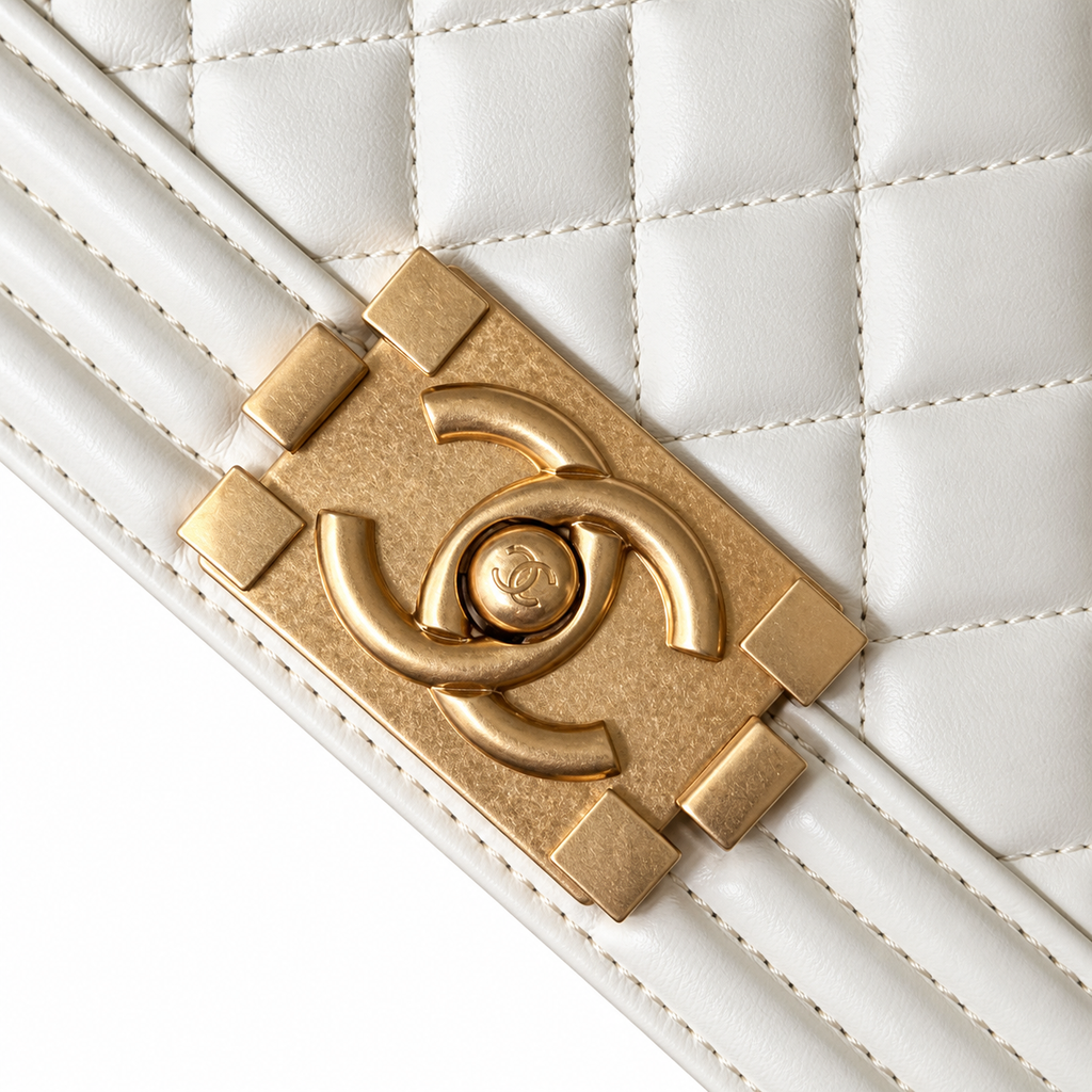 Chanel Boy Bag Small White Quilted Lambskin Antique Gold Chunky Chain CC Lock 20cm