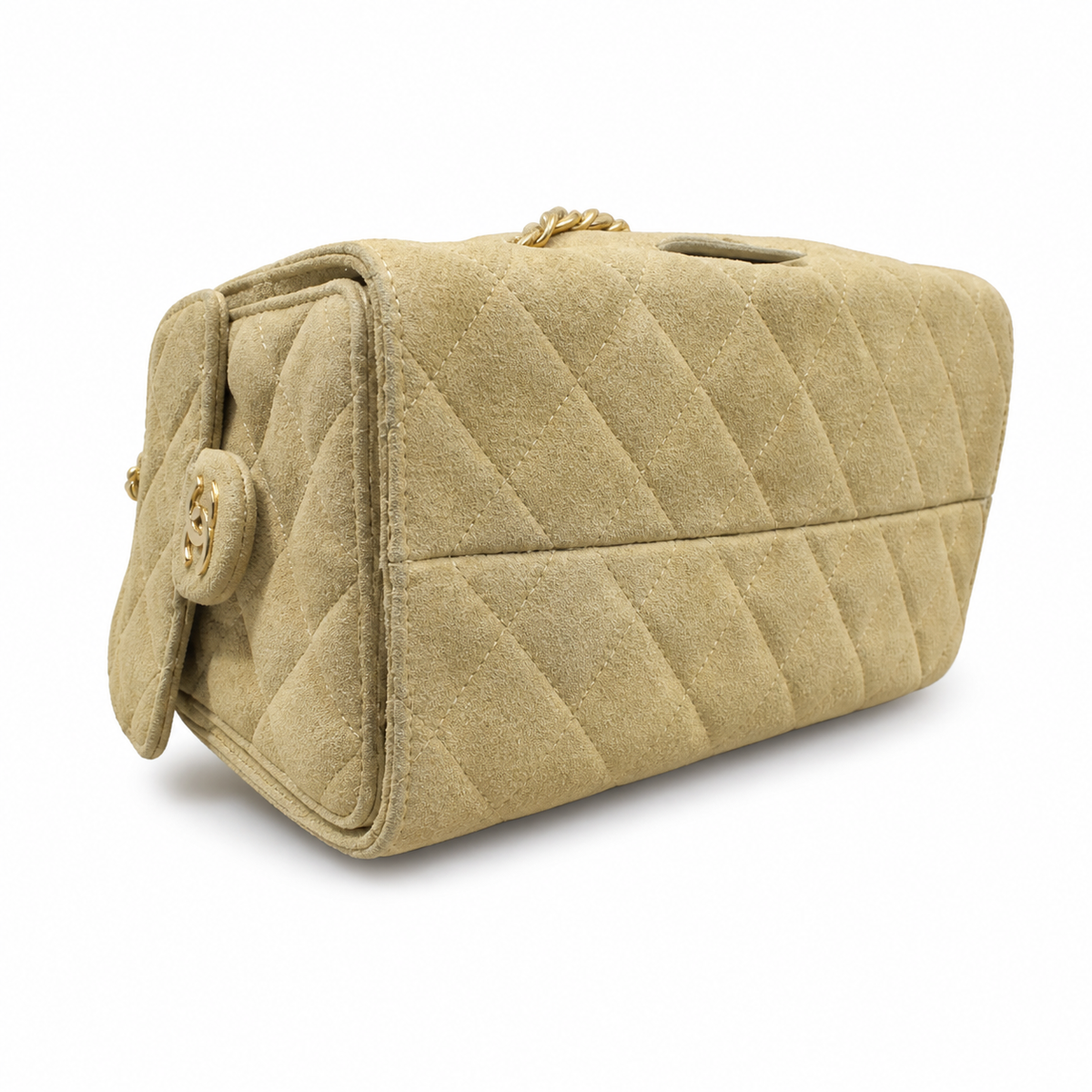 Chanel Quilted Suede Drawstring Bucket Bag Beige Gold Chain Tassel
