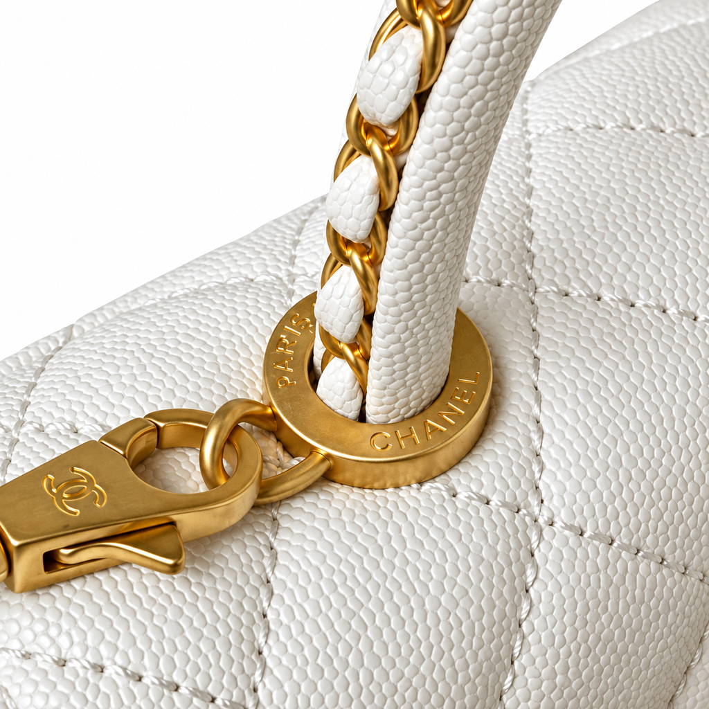 Chanel White Caviar Quilted Top Handle Crossbody Bag Antique Gold Hardware Chain Strap Base Studs 23cm