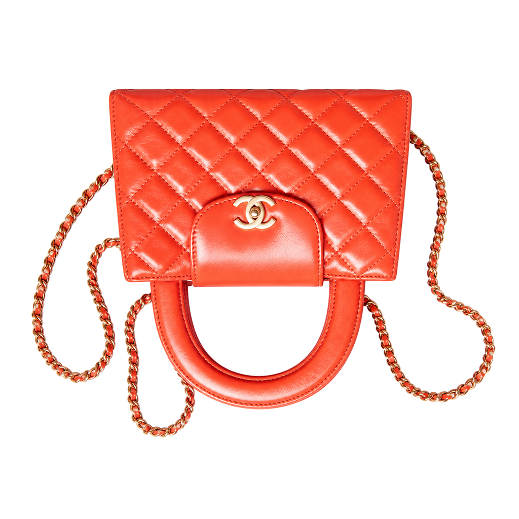 Chanel Coral Red Quilted Lambskin Mini Coco Handle Bag Gold Chain Made in Italy