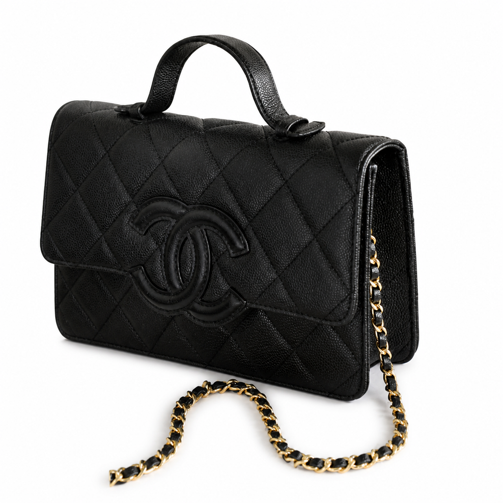 Chanel CC Filigree Quilted Caviar Leather Top Handle Crossbody Bag Black