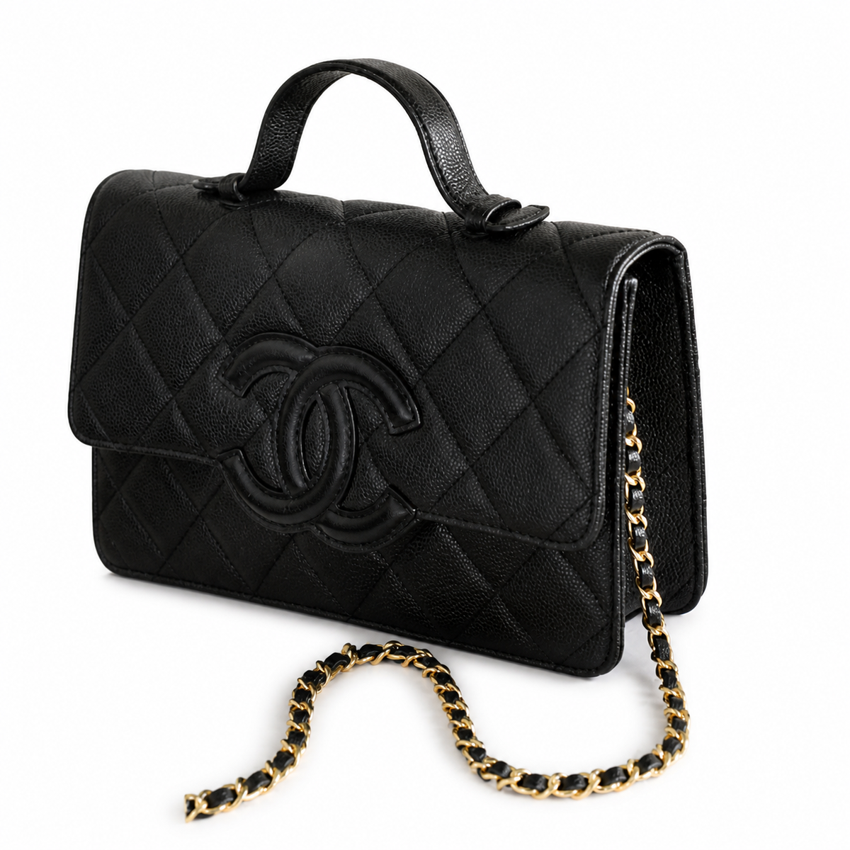 Chanel CC Filigree Quilted Caviar Leather Top Handle Crossbody Bag Black