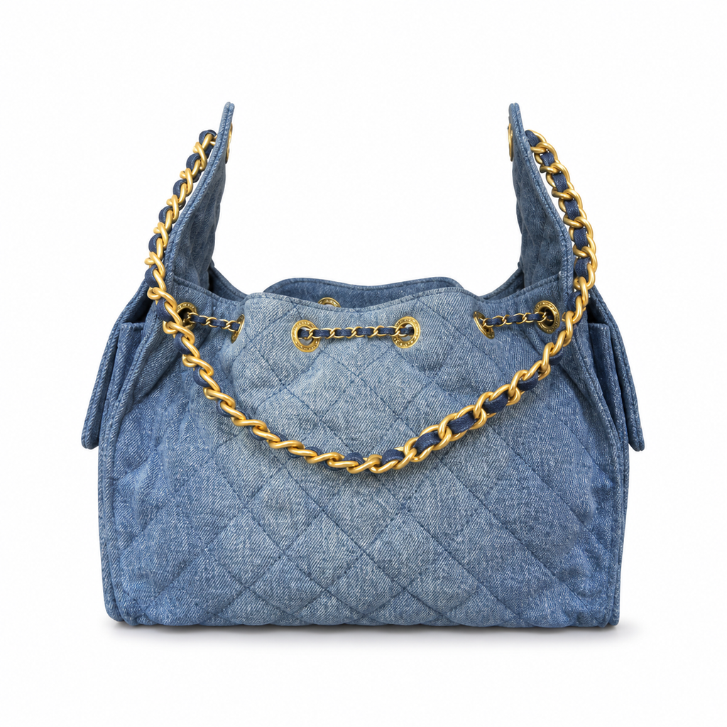 CHANEL Drawstring Bucket Bag – Blue Quilted Denim Gold Hardware CC Chain 26×13.5×30cm