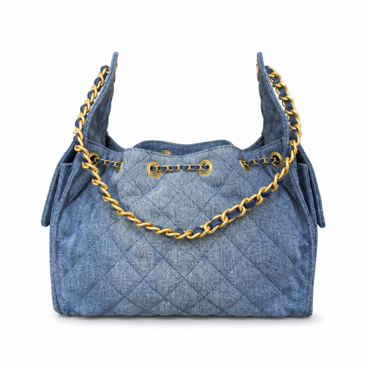 CHANEL Drawstring Bucket Bag – Blue Quilted Denim Gold Hardware CC Chain 26×13.5×30cm