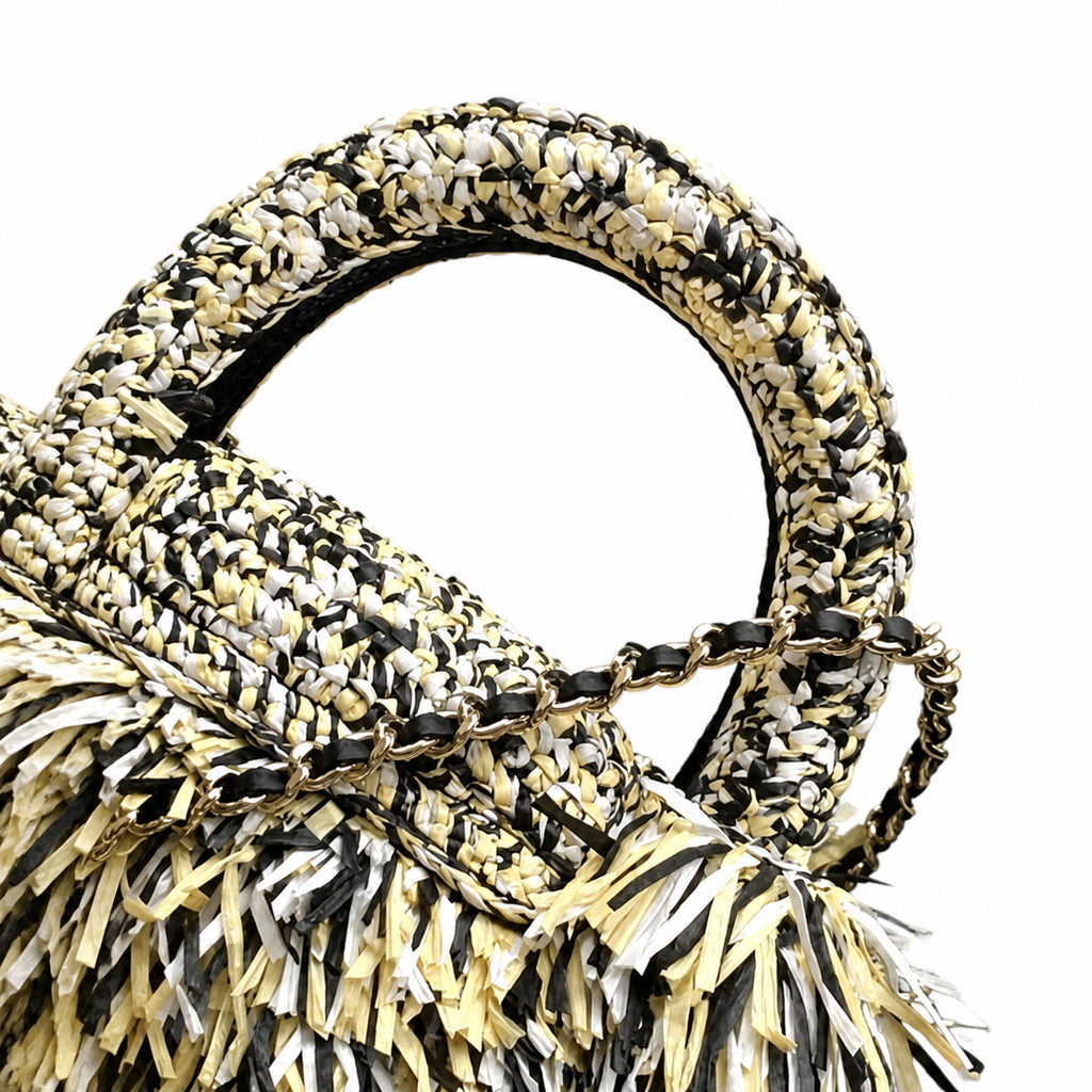 Chanel Black White Raffia Fringe Flap Bag Tortoiseshell CC Chain Cruise