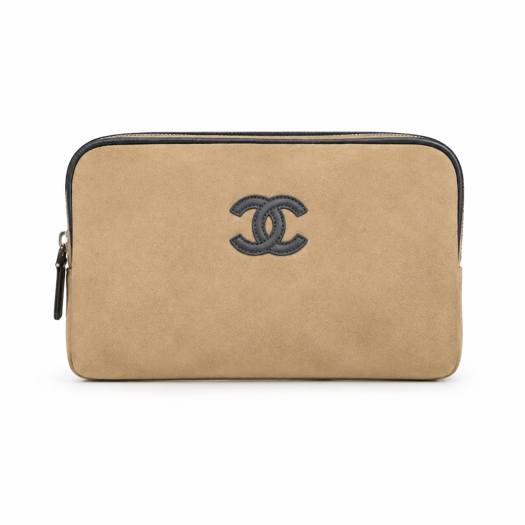 Chanel Camel Suede Barrel Bag | Black CC Appliqué & Black Leather Trim