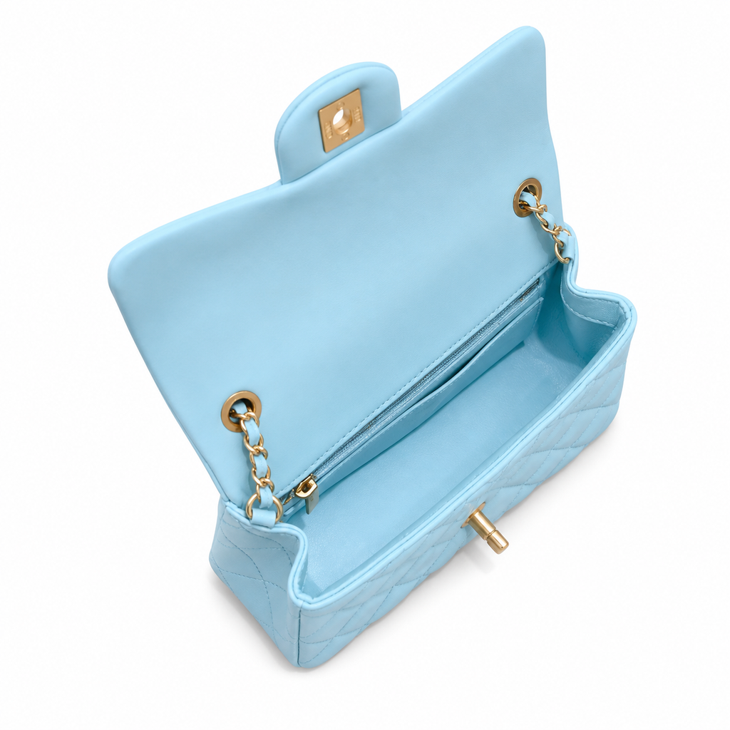 Chanel Pearl Crush Mini Rectangle Flap Bag Sky Blue Lambskin Gold Pearl Chain 20cm