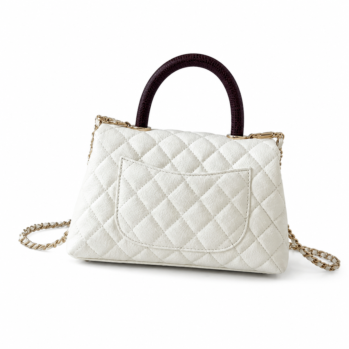 Chanel Coco Handle Quilted Caviar Bag White Burgundy Lizard Top Handle 24cm