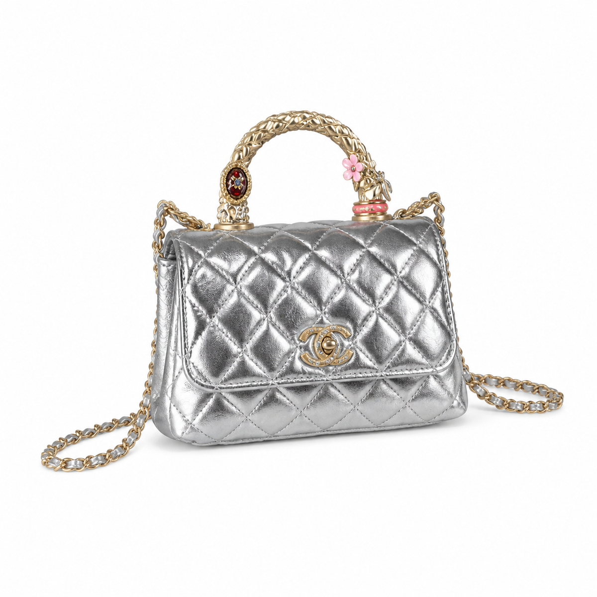 CHANEL Silver Quilted Leather Jewel Top Handle Flap Chain Bag