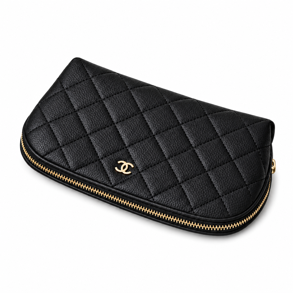 Chanel Black Quilted Caviar Rectangular Toiletry Pouch Gold CC Logo Gold Zipper Burgundy Lining Made in Italy 19cm