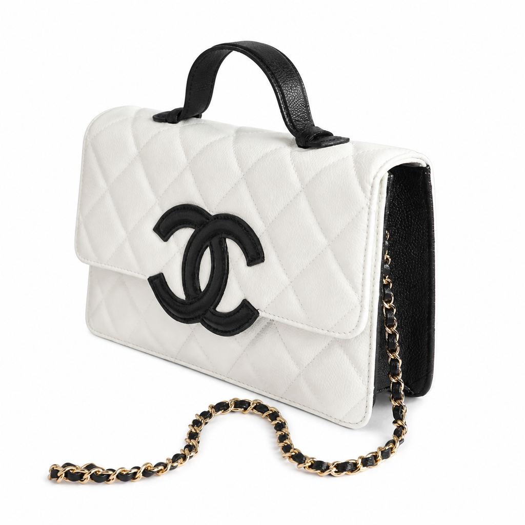 Chanel White Caviar Quilted Box Bag Top Handle Black Leather Gold CC Turn-Lock Chain Crossbody 24cm