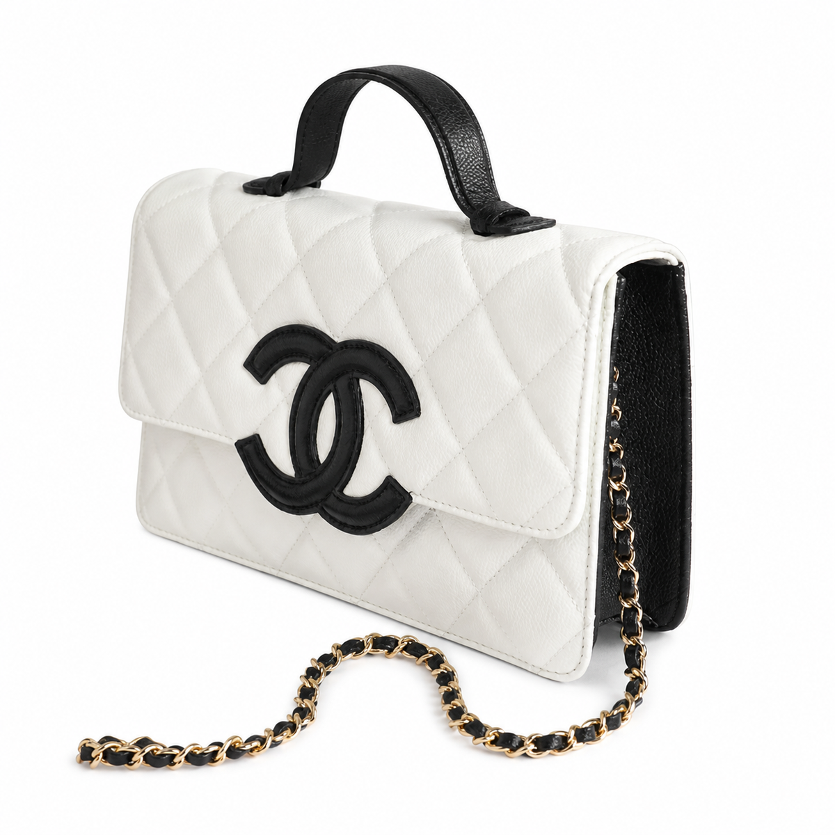 Chanel White Caviar Quilted Box Bag Top Handle Black Leather Gold CC Turn-Lock Chain Crossbody 24cm