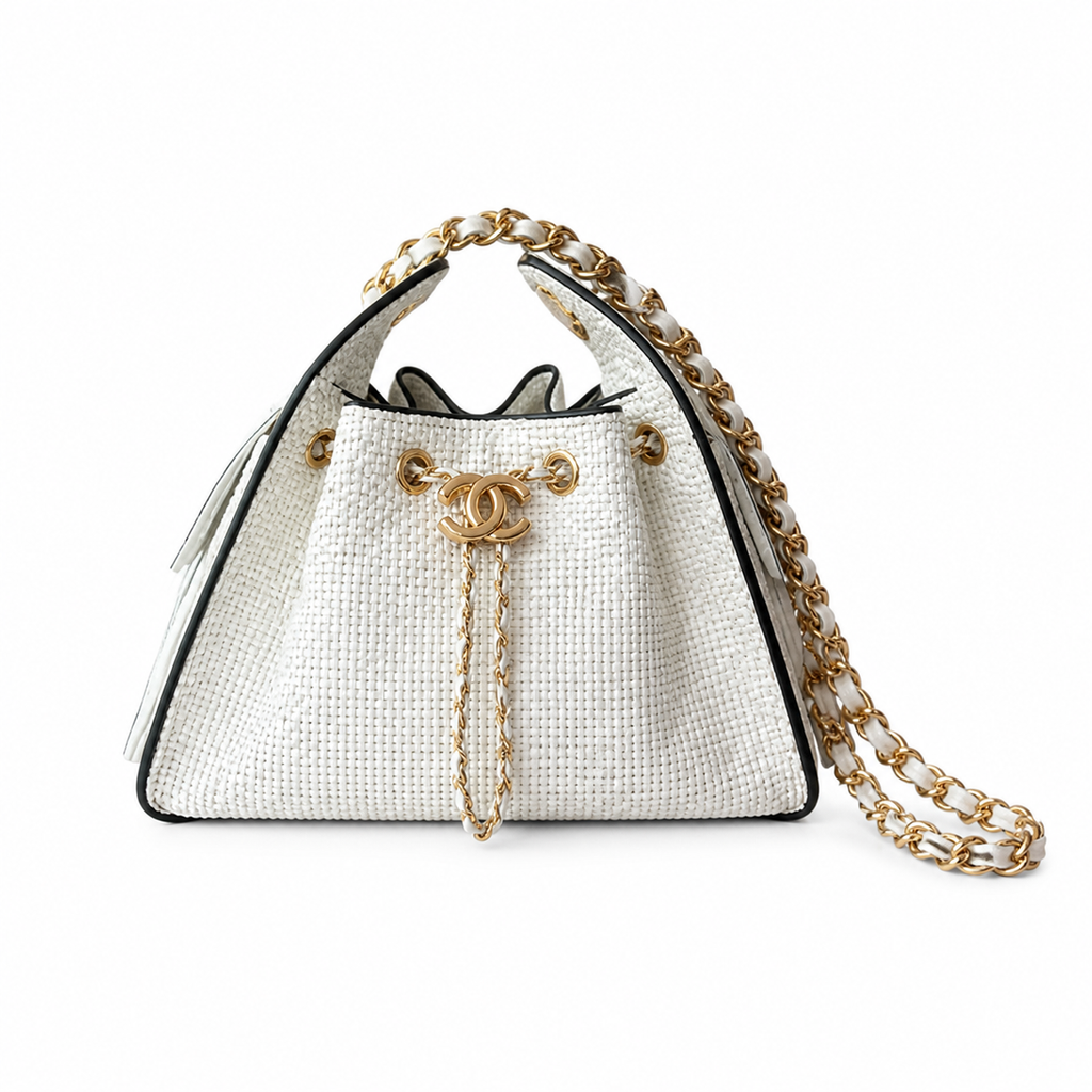 Chanel White Quilted Tweed Classic Flap Bag with Gold Chain
