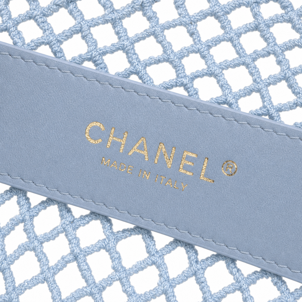 CHANEL Ice Blue Woven Mesh Flap Bag Pearl Trim Gold Chain
