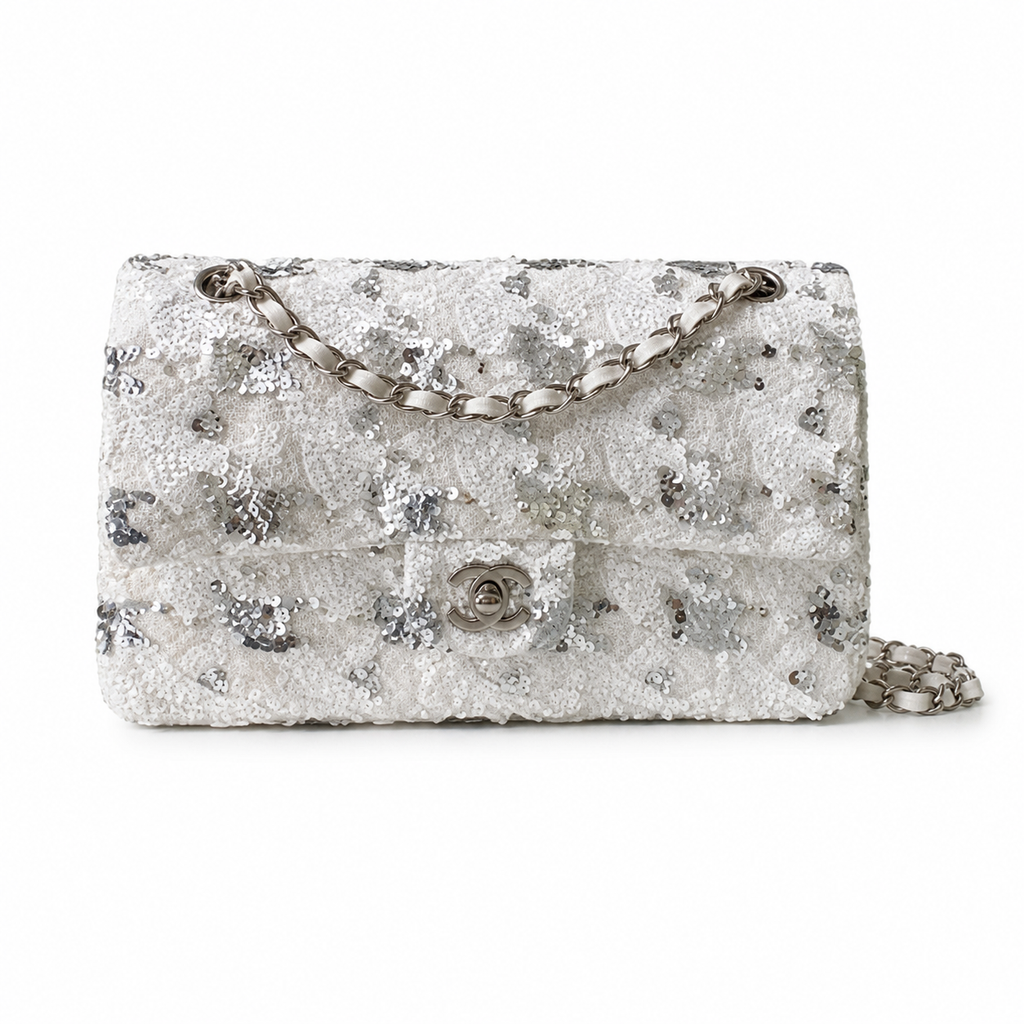 Chanel White & Silver Sequin Leopard Classic Flap Bag