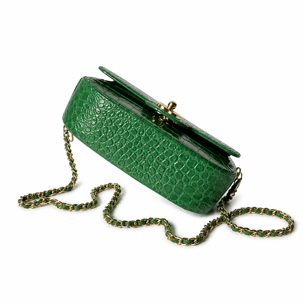 Chanel Flap Bag | Emerald Green Crocodile-Embossed Leather Top Handle & Gold Chain | 19.6cm