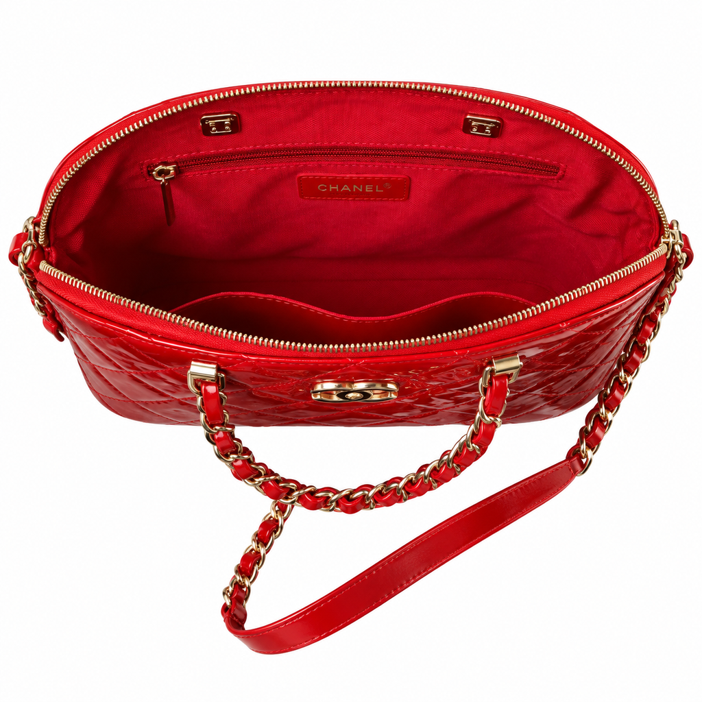 Chanel Red Patent Leather Quilted Dome Tote Bag | Gold CC Chain | 20.5×28.5×7cm