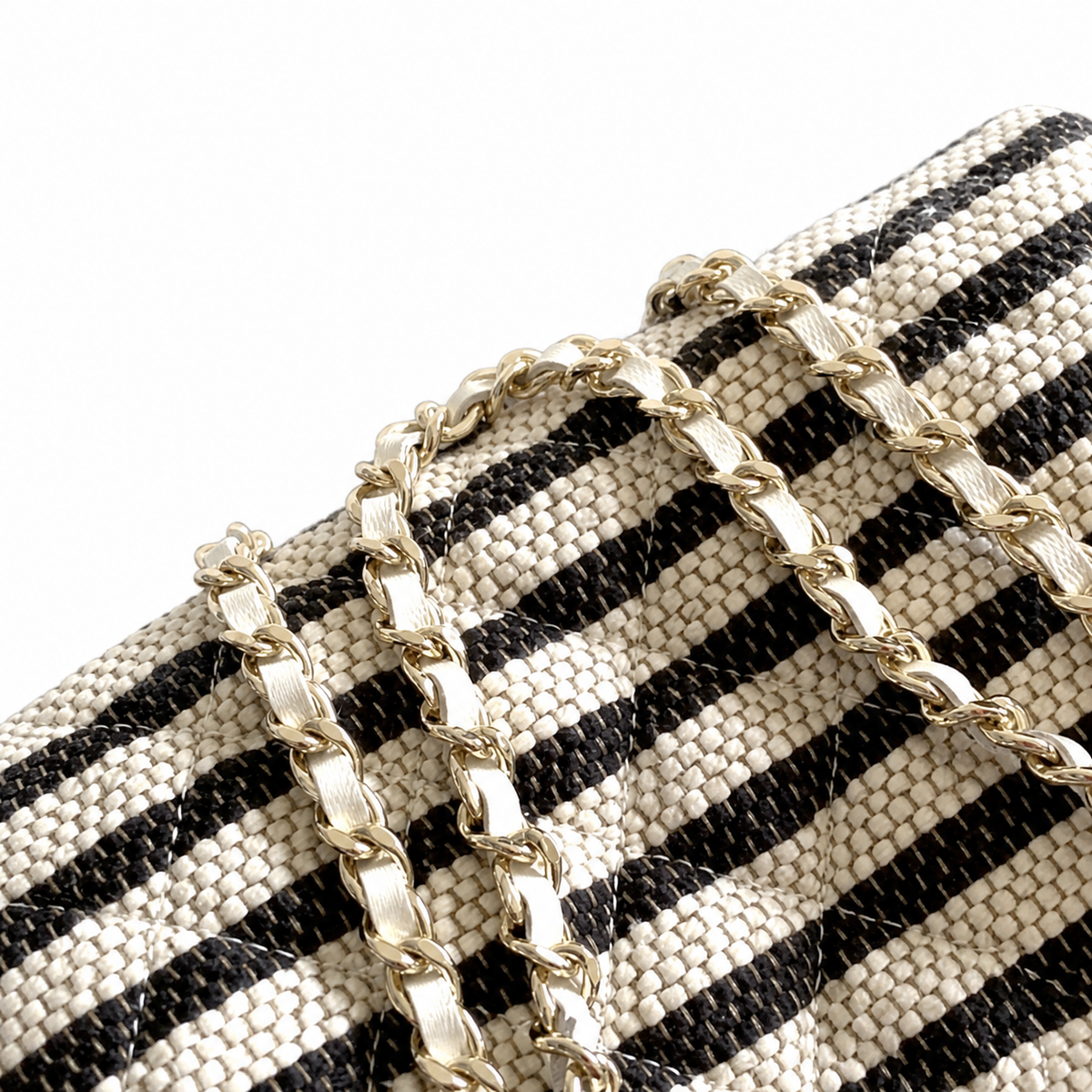 Chanel Black White Striped Woven Raffia Bowling Bag Gold Chain Strap CC Zip Pull Cream Leather Trim 18.5cm