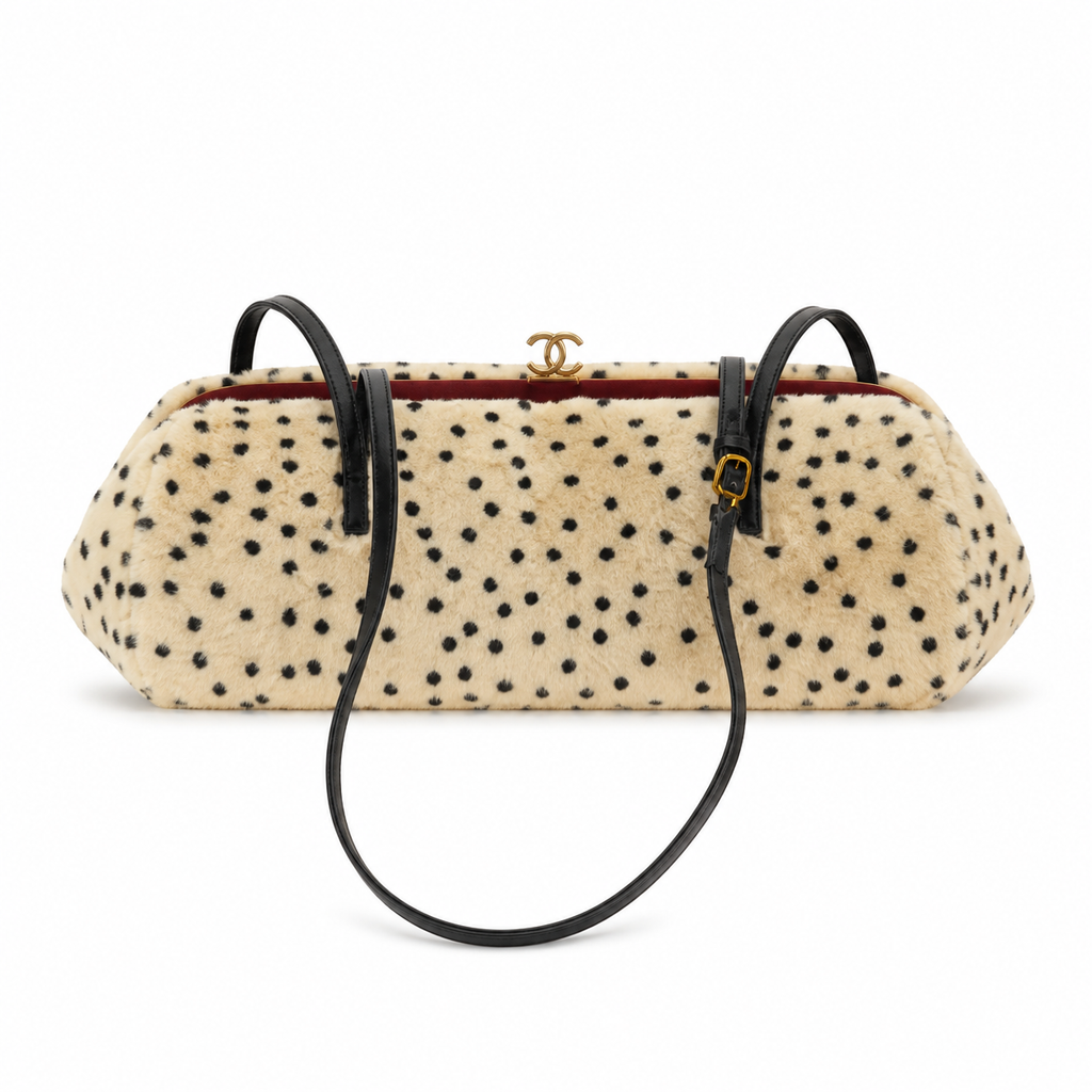 Chanel Vintage Polka Dot Faux Fur Flap Shoulder Bag Top Handle Black Leather Trim Gold CC Turn-Lock Burgundy Interior 36cm