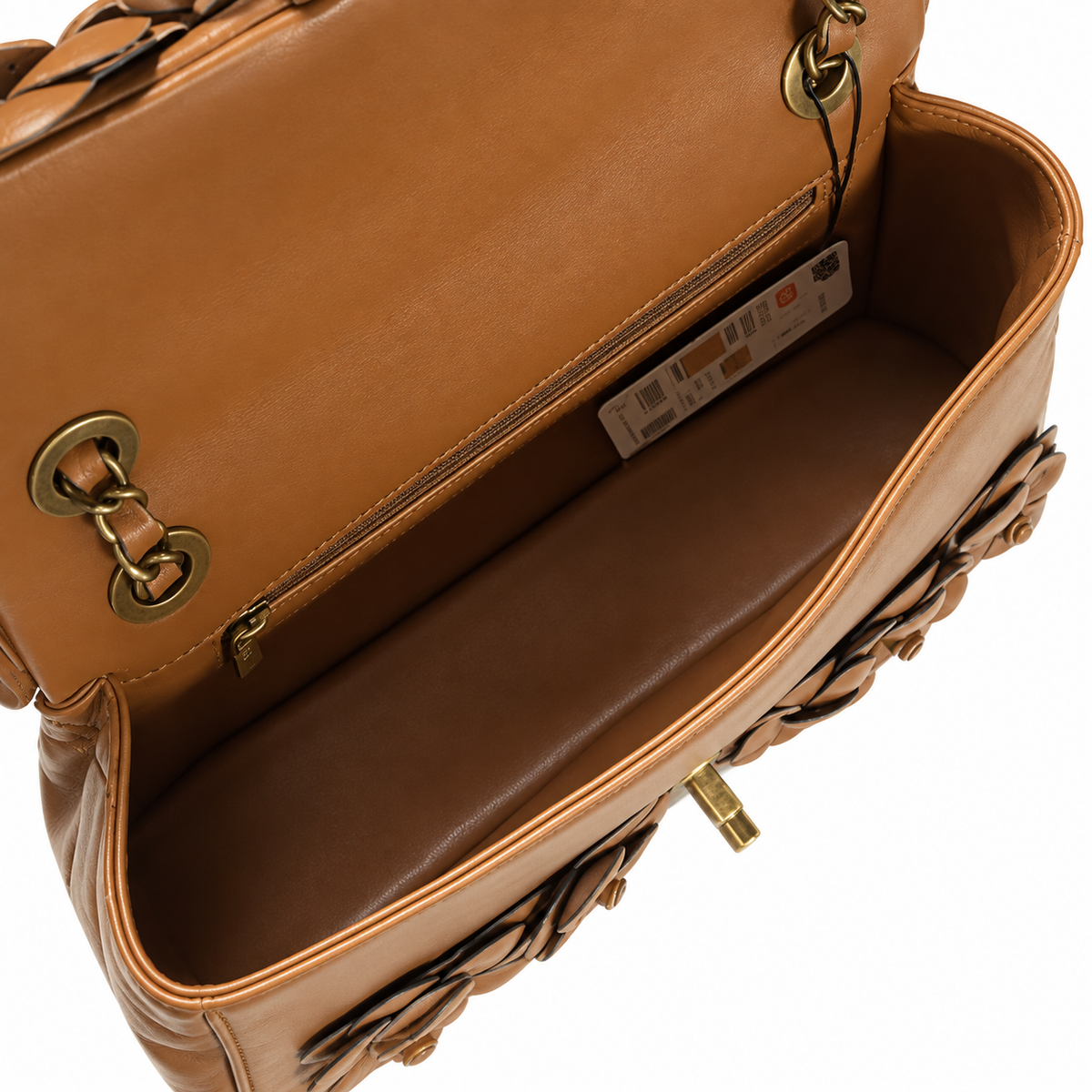 CHANEL Caramel Brown Petal Leather Appliqué Quilted Lambskin Flap Bag