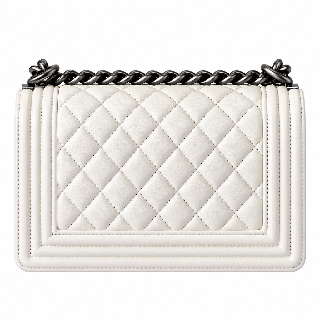 Chanel Boy Bag Small White Smooth Lambskin Ruthenium Silver Chain CC Push-Lock 20cm