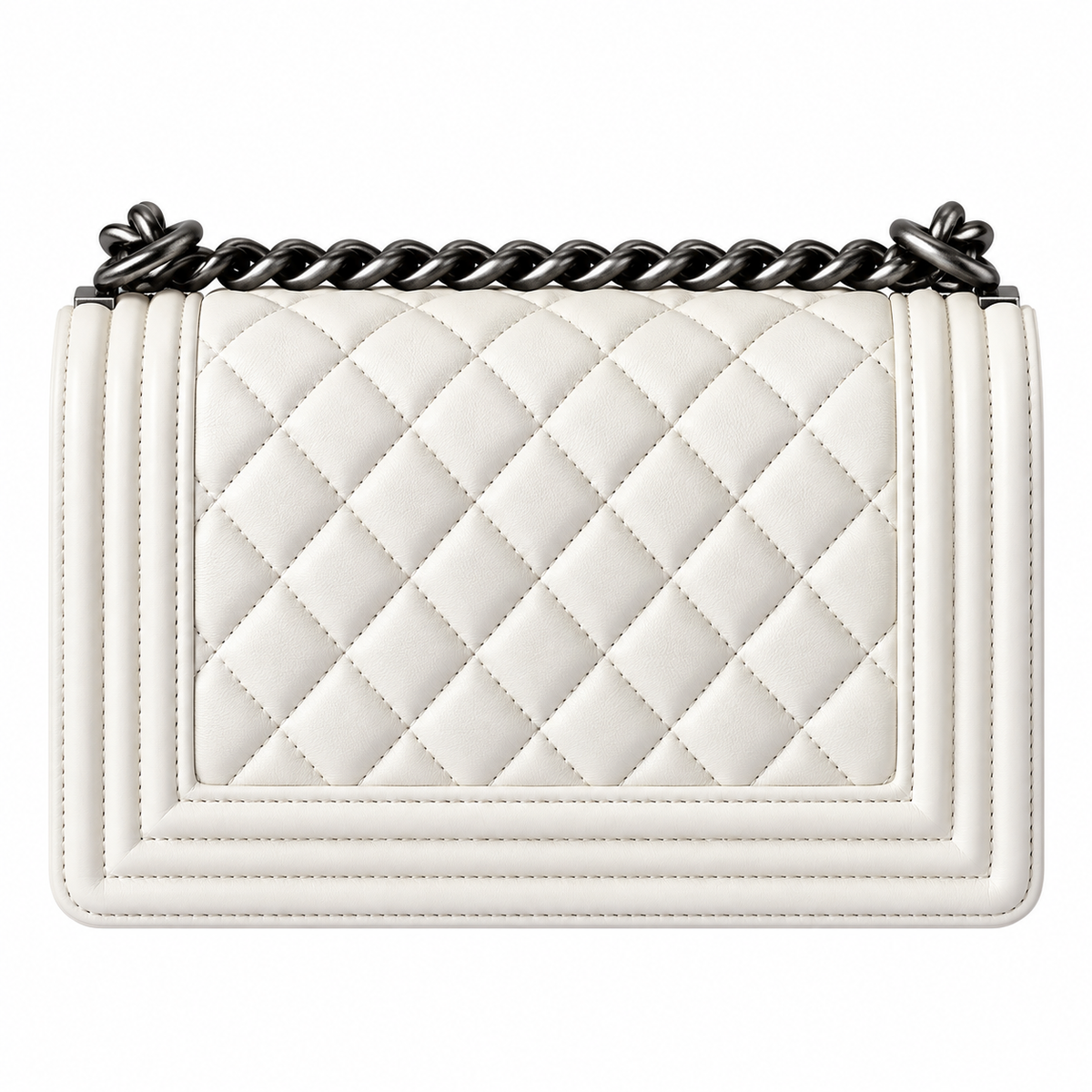Chanel Boy Bag Small White Smooth Lambskin Ruthenium Silver Chain CC Push-Lock 20cm