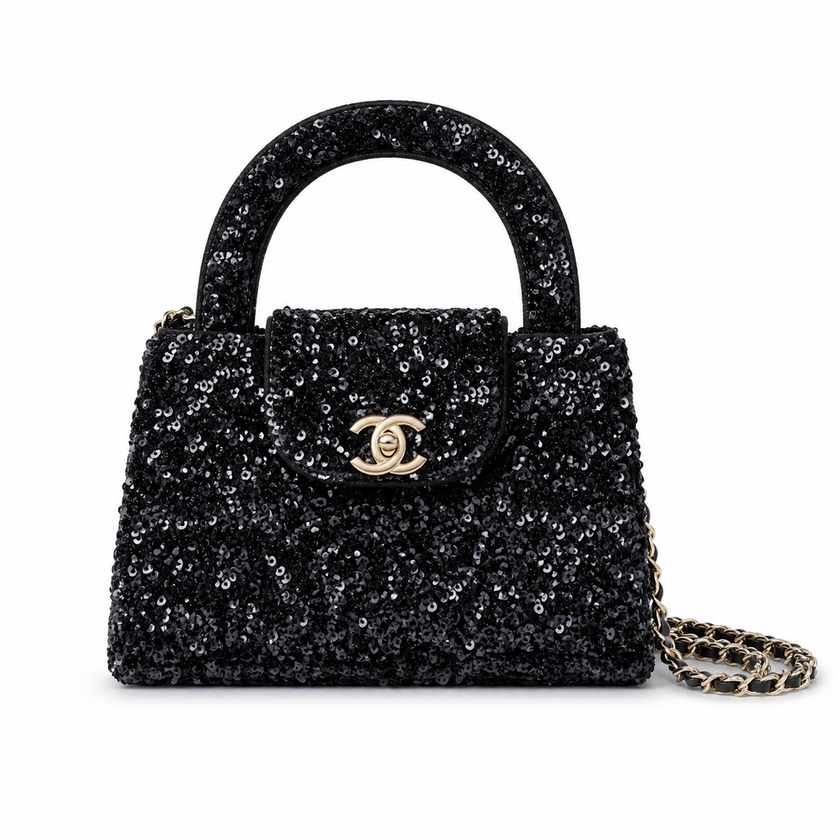 Chanel Black Sequin Cylinder Roll Evening Bag Silver Chain Clutch Crossbody
