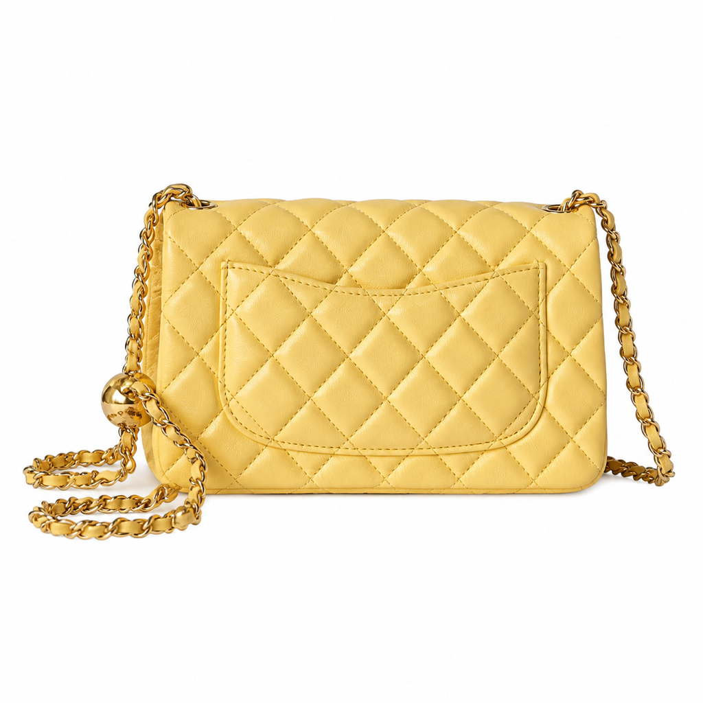 Chanel Pearl Crush Mini Flap Bag Butter Yellow Lambskin Aged Gold CC Turn-Lock Ball Charm Chain 20cm