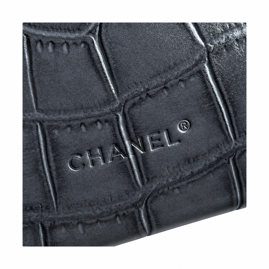 Chanel Flap Bag | Grey Crocodile-Embossed Leather Gold Chain Strap | Made in Italy