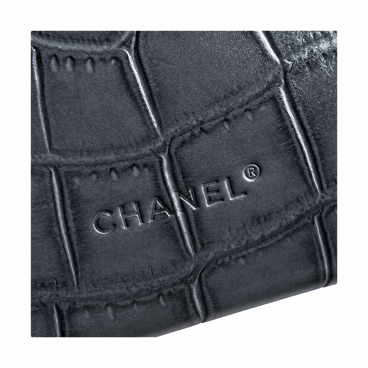 Chanel Flap Bag | Grey Crocodile-Embossed Leather Gold Chain Strap | Made in Italy
