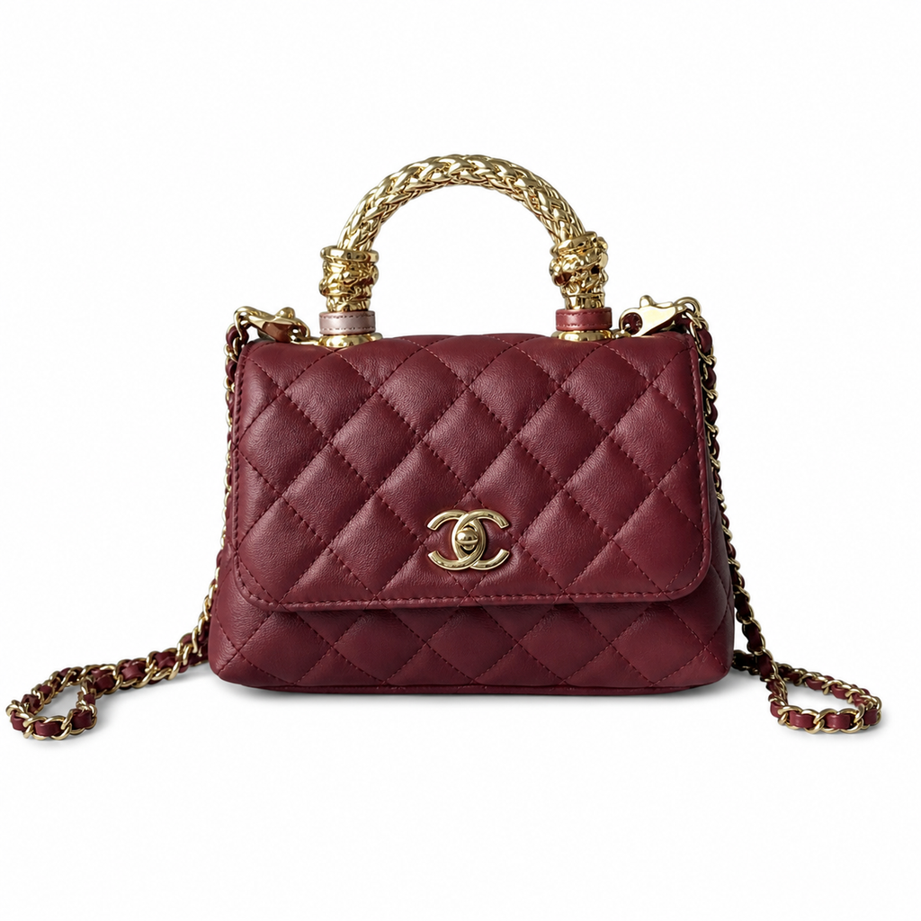 CHANEL Burgundy Quilted Lambskin Jewel Top Handle Flap Chain Bag