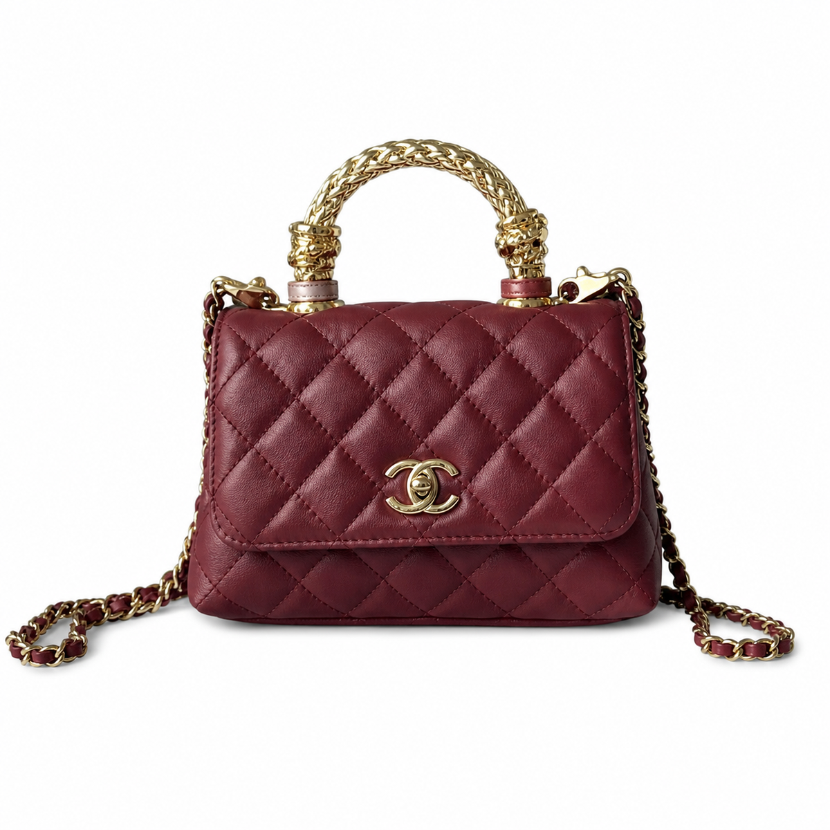 CHANEL Burgundy Quilted Lambskin Jewel Top Handle Flap Chain Bag