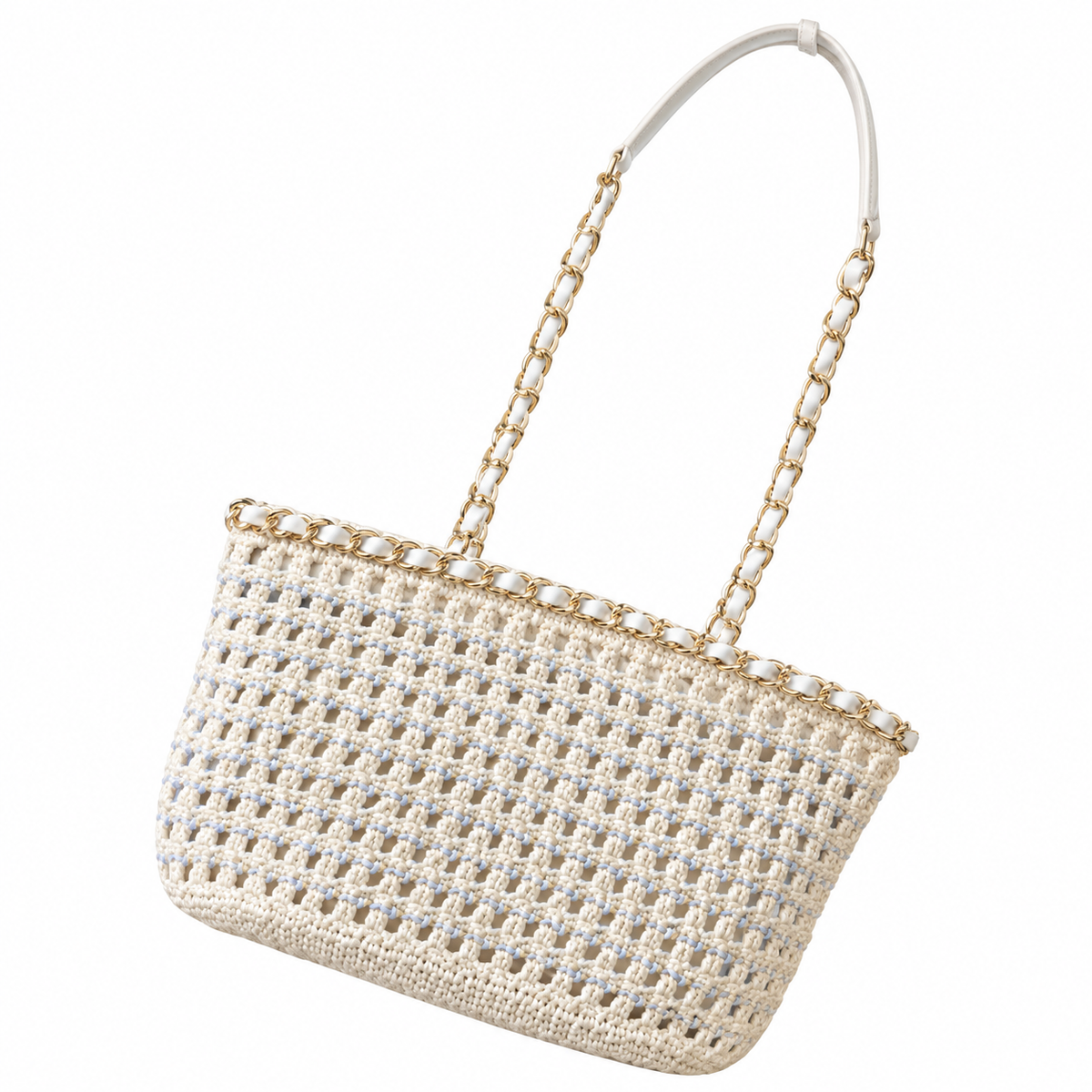 Chanel Ivory Crochet Open-Weave Shopping Tote Bag | Gold CC Chain Handles | 28×20×13cm