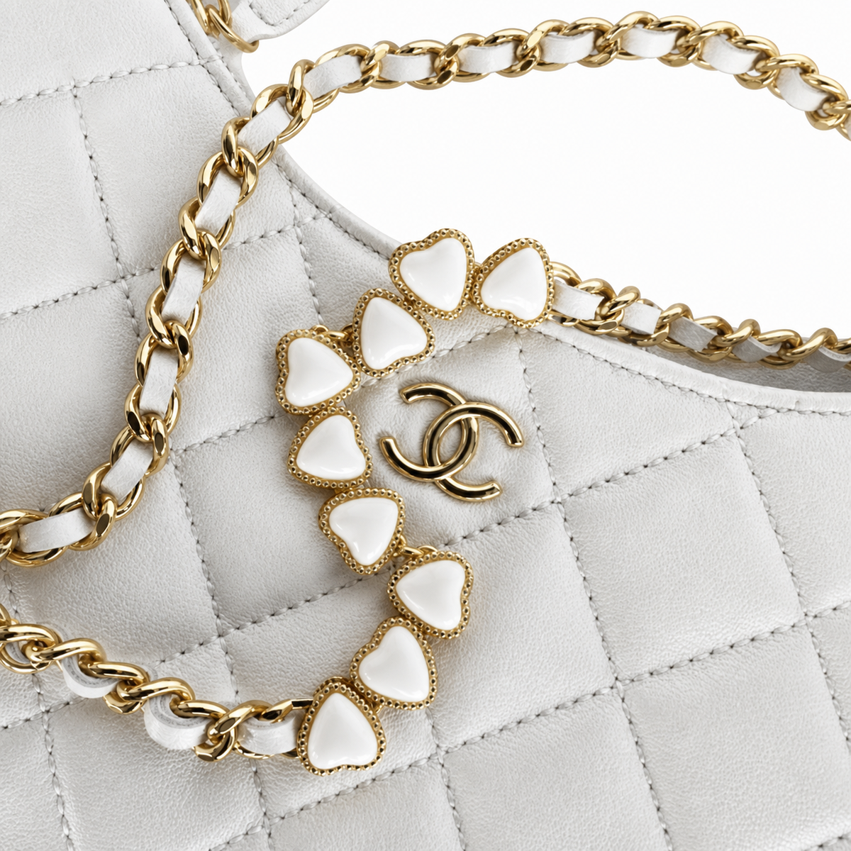 Chanel White Quilted Lambskin Mini Hobo Bag Gold Heart Enamel Chain CC