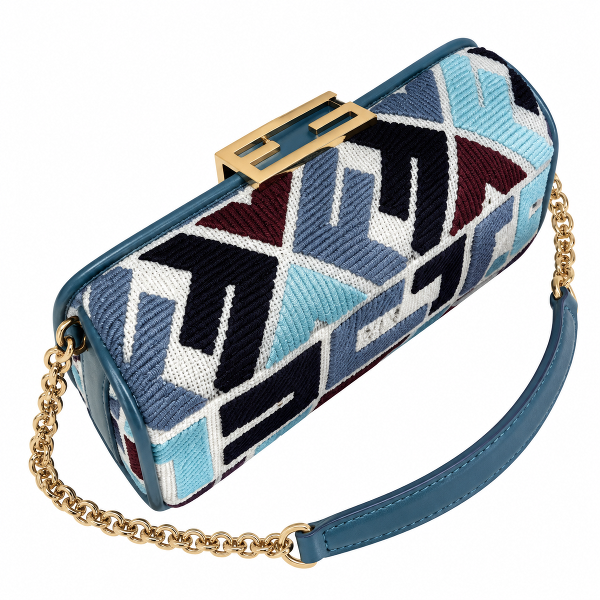 Fendi FF Mini Baguette Shoulder Bag – Jacquard Canvas & Leather Trim, Flap Closure, 19cm