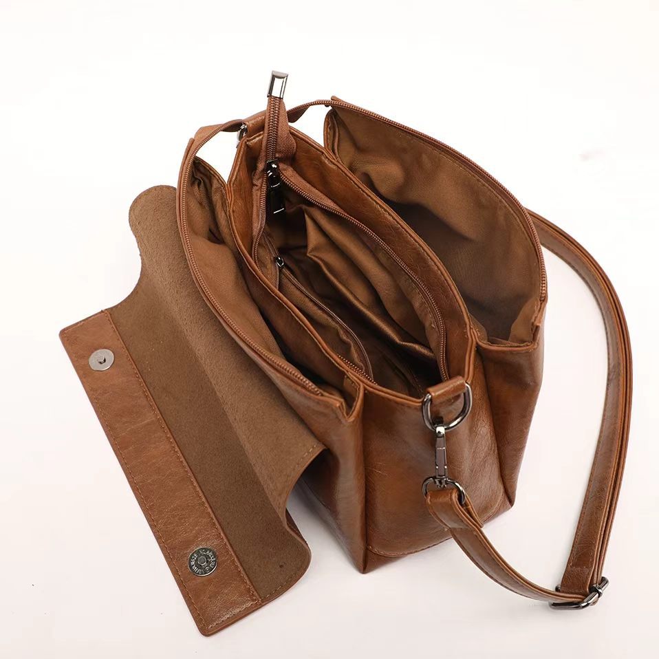 Vintage Cognac Brown Multi-Pocket Flap Crossbody Bag with Matching Wallet