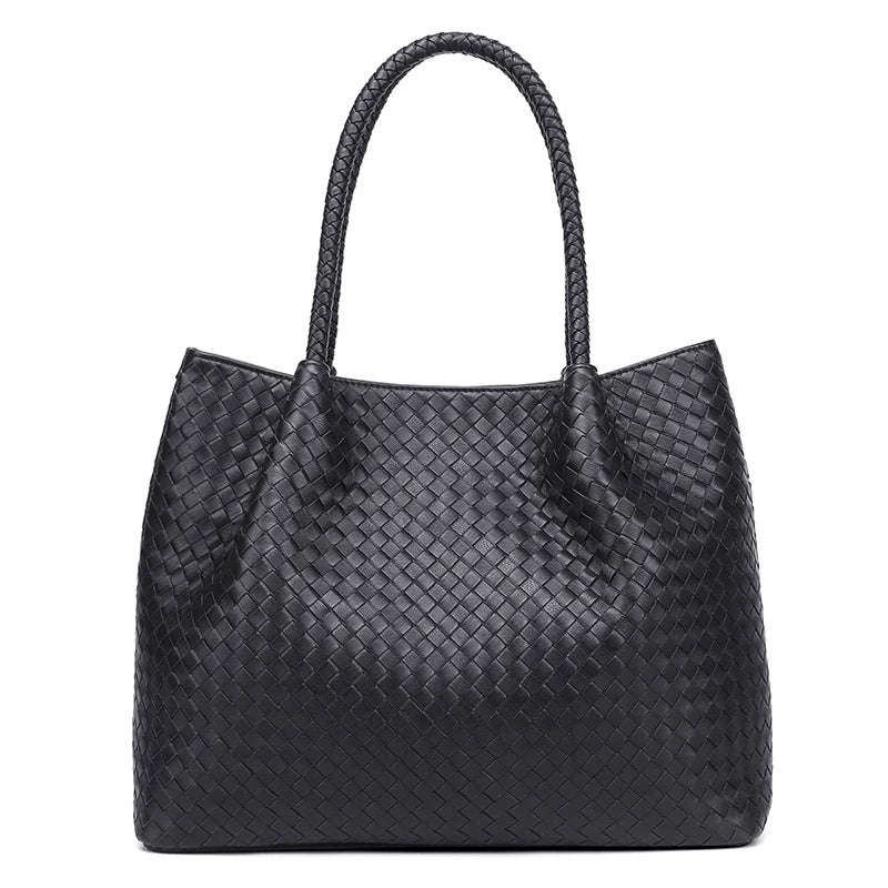 Women's Woven Leather Tote Bag | Classic Black Braided Handbag 30.5×4×12.5cm