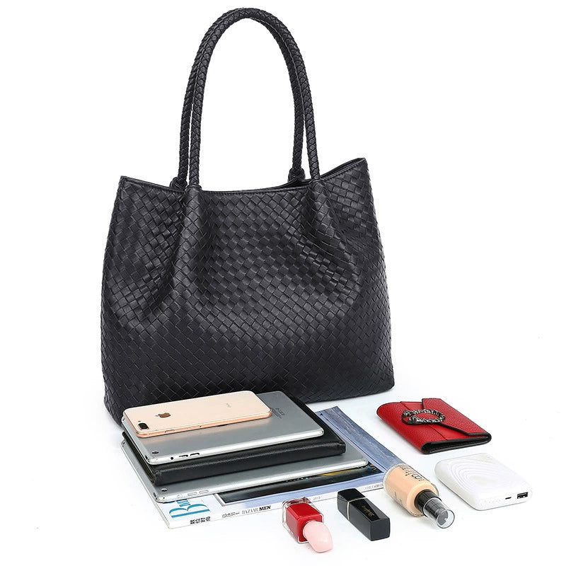 Women's Woven Leather Tote Bag | Classic Black Braided Handbag 30.5×4×12.5cm