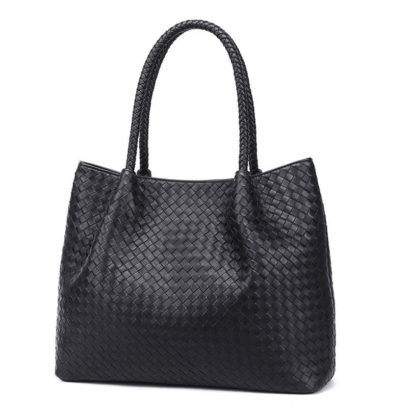 Women's Woven Leather Tote Bag | Classic Black Braided Handbag 30.5×4×12.5cm