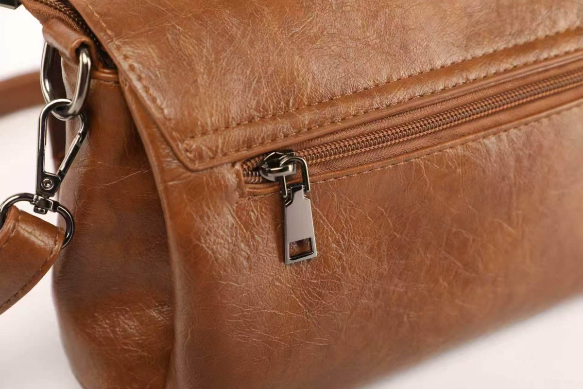 Vintage Cognac Brown Multi-Pocket Flap Crossbody Bag with Matching Wallet