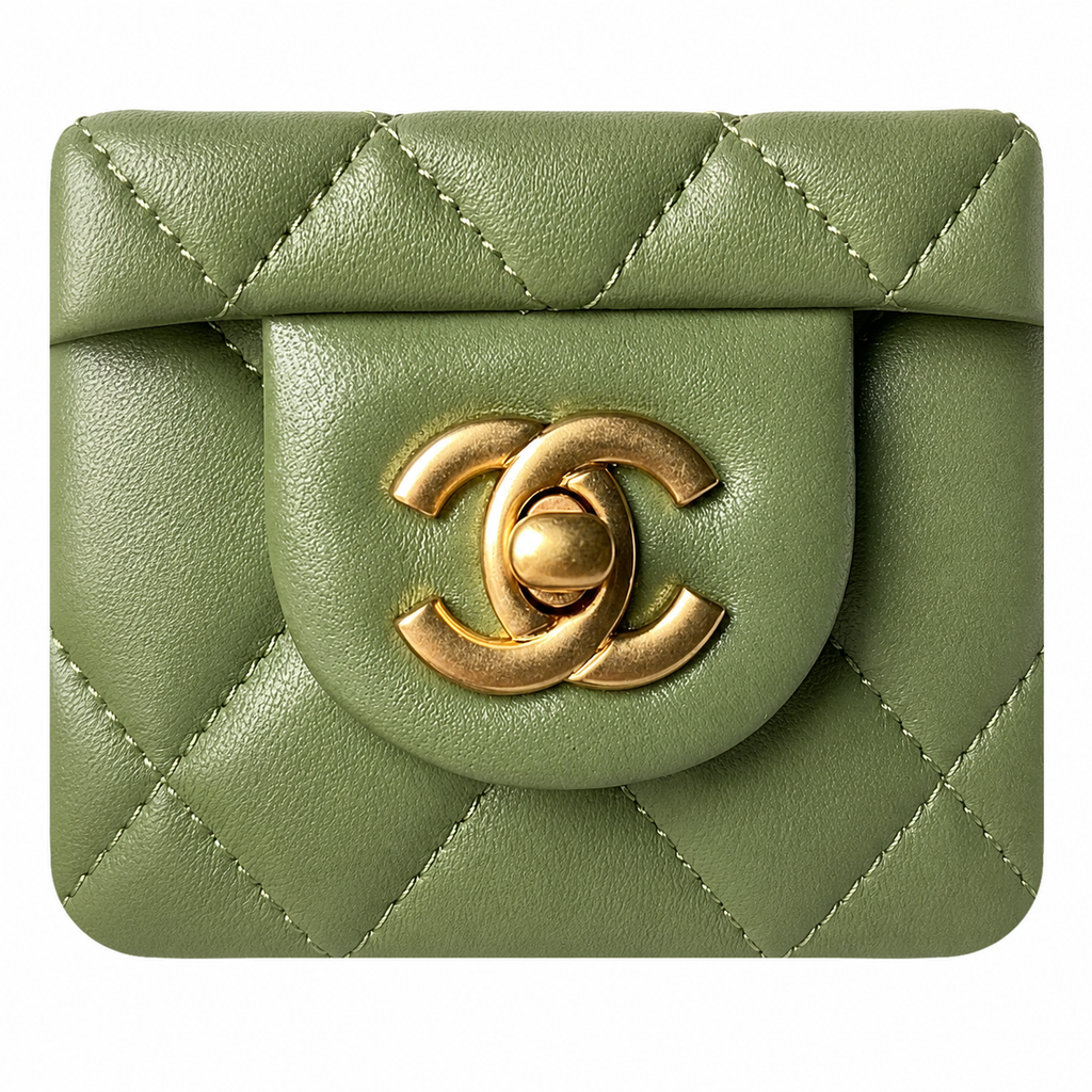 Chanel Mini Square Classic Flap Bag Olive Green Lambskin Aged Gold Hardware 18cm